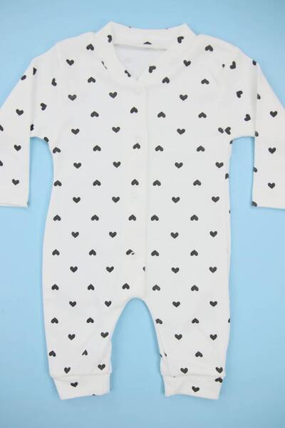 Lindakids Kalp Desenli Beyaz %100 Pamuk Manşetli (Patiksiz) Kız Bebek Tulum