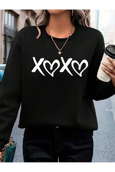 BEETON X Heart Thick Winter Sweatshirt - Black Printed Oversize Crew Neck