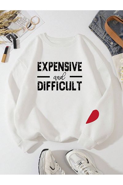 BEETON Expensive χοντρό χειμωνιάτικο φούτερ - Λευκό εμπριμέ Oversize Crew Neck