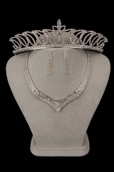 Limelia Elegant Shiny Vera Crystal Jewelled Evening Dress Necklace Earring Set And Thin Leaf Bridal Crown