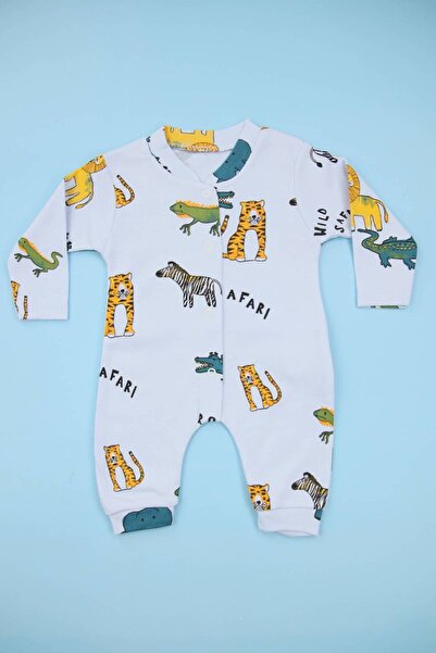Lindakids Safari Aslan Desenli Mavi %100 Pamuk Manşetli ( Patiksiz) Erkek Bebek Tulum