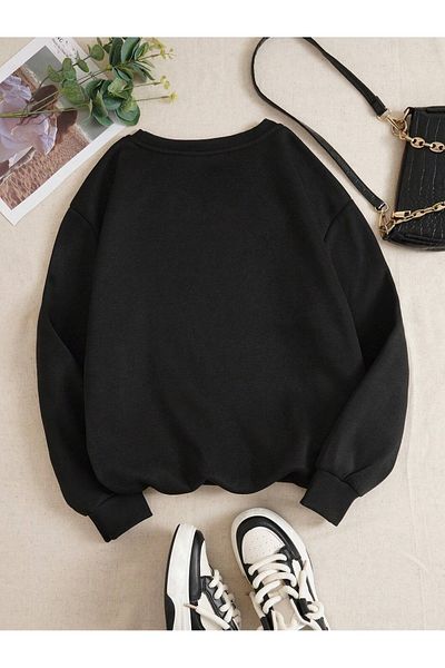 BEETON Motherhood Thick Winter Sweatshirt - Black Printed Oversize Crew Neck