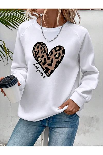BEETON Hanorac de iarnă cu inimă groasă de leopard - cu gât supradimensionat cu imprimeu alb