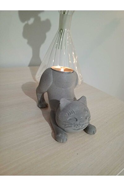 Duen Kedi Gece Lambası,Mumluk,Biblo,Işıklı Kedi (Beton)