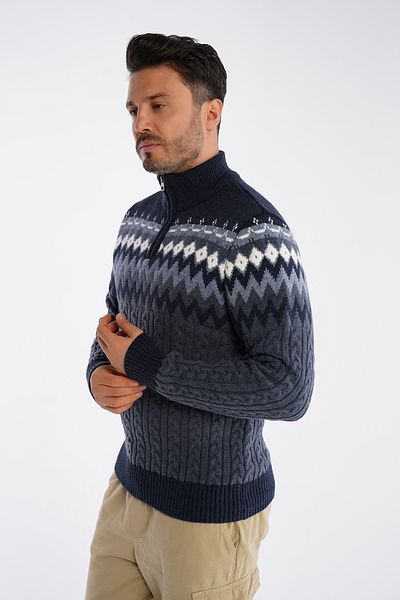 Trist Star Men's Aviator Stand Collar Zippered Hair Braided Jacquard Patterned Knitwear Wool Sweater Trist-5323