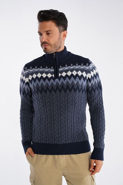 Trist Star Men's Aviator Stand Collar Zippered Hair Braided Jacquard Patterned Knitwear Wool Sweater Trist-5323