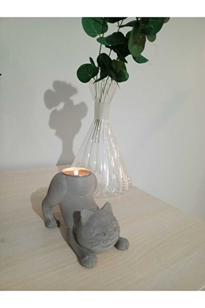Duen Kedi Gece Lambası,Mumluk,Biblo,Işıklı Kedi (Beton)