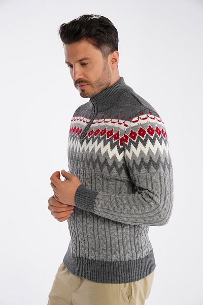 Trist Star Men's Gray Stand Collar Zippered Hair Braided Jacquard Patterned Knitwear Wool Sweater Trist-5323