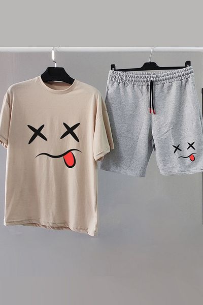 Vordevia Smile Printed Cream Color Oversize T-Shirt και Γκρι Σορτς Συνδυασμός