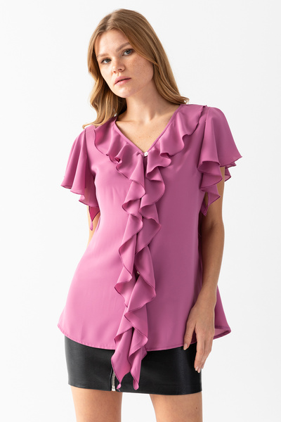 EtkiModa Kadın Gül Kurusu Volanlı Yaka Ve Kol Önü Düğmeli Abiye Bluz