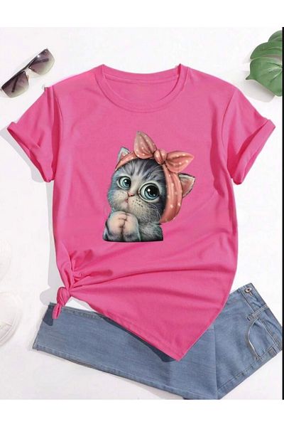 BYMEER Μπλουζάκι ροζ χαριτωμένο Little Cat με στάμπα Oversize