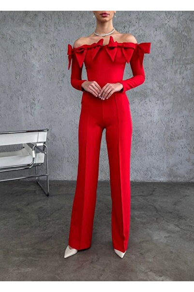 Afiş Butik Red Bow Detailed Boat Neck Jumpsuit