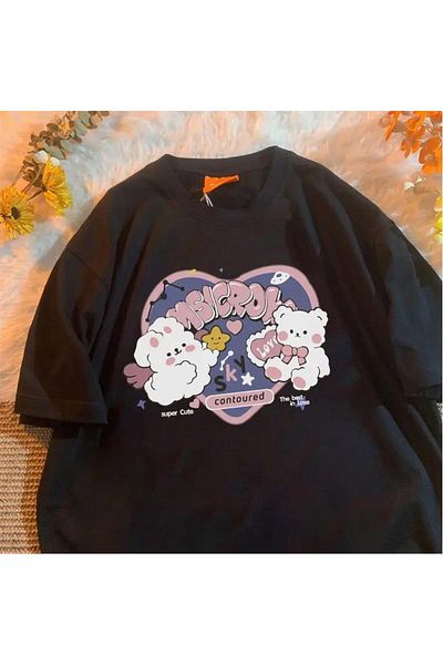 Touz Moda Χαριτωμένο μαύρο Unisex μπλουζάκι Harajuku