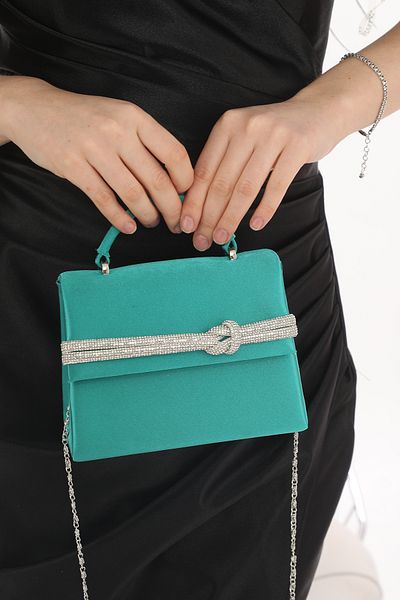 Piedra Green Color Satin Fabric Stone Accessory Magnetic Closure Shoulder Strap Available (Small Size)