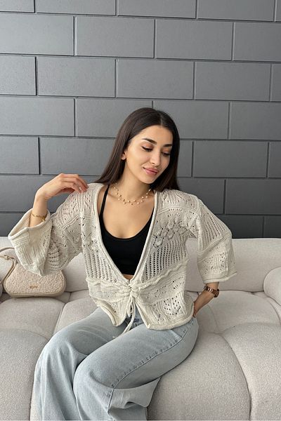 LE CARAMBOLE Cardigan de damă crem cu cravată în față