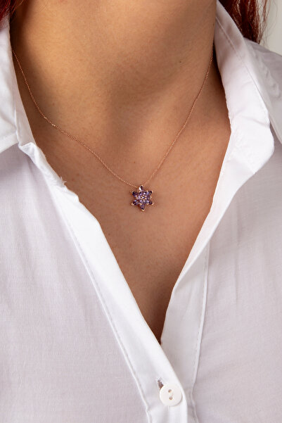 klas gümüş Gümüş Ametist Taşlı Minimal Rose Lotus Çiçeği Kolye