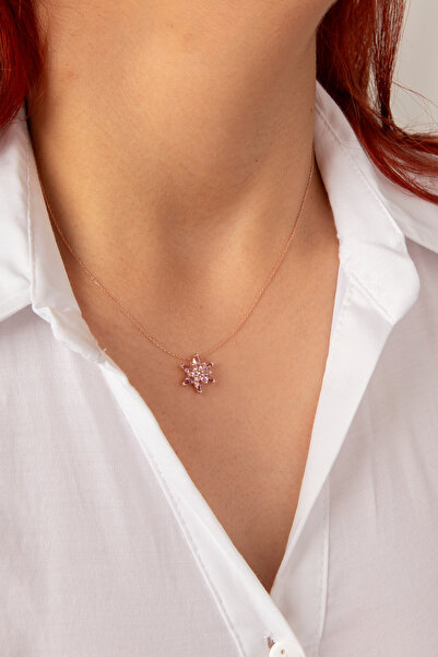 klas gümüş Gümüş Pembe Taşlı Minimal Rose Lotus Çiçeği Kolye