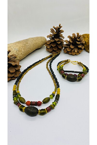 Porsuk Alternatif طقم أساور وقلادة نسائية مكونة من قطعتين من الخرز الخزفي بتص...