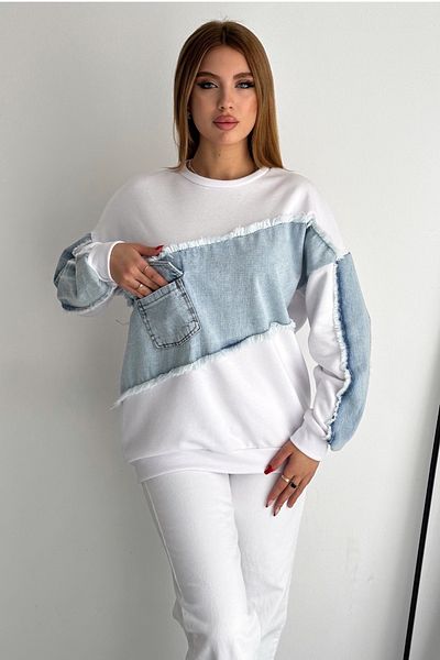 FEMELLE Women's White Oversize Denim Detailed Sweatshirt