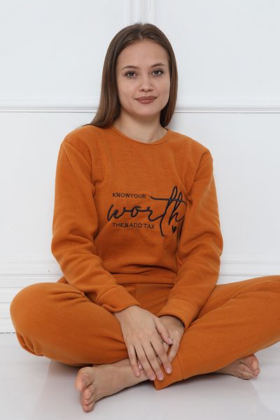 FAMES PİJAMA Orange Women's Fleece Pajama Set - Shaved Thick Winter