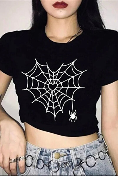 Gofeel Black Heart Web Spider Detail Half T-Shirt Body Crop