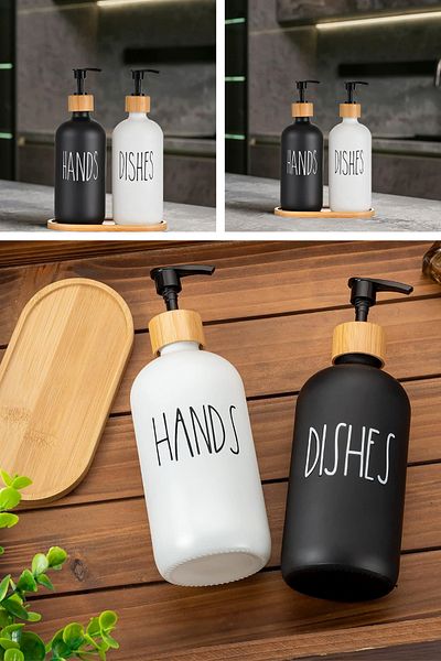 NEWNOW Barns Δοχείο σαπουνιού χεριών και πιάτων, 500 ml 500 ml Σετ διανομέα σαπουνιού κουζίνας με δίσκο μπαμπού, δοσομετρητής υγρού σαπουνιού
