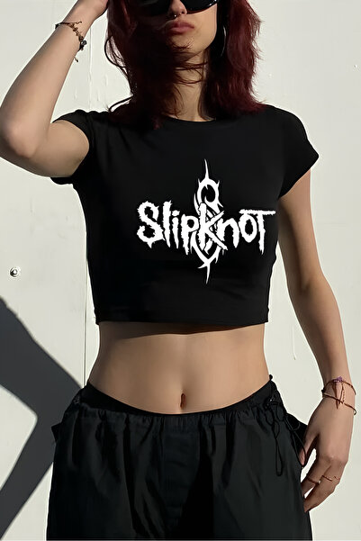 Gofeel Black Slipknot Detail Half T-Shirt Body Crop