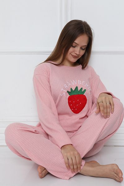 FAMES PİJAMA Strawberry Patterned Pink Women's Pajamas Set - Long Sleeve Interlock