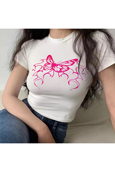 Gofeel White Gothic Butterfly Detail Half T-Shirt Body Crop