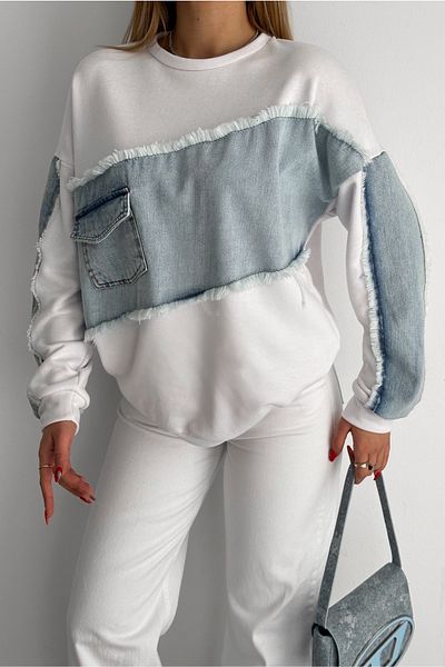 FEMELLE Women's White Oversize Denim Detailed Sweatshirt