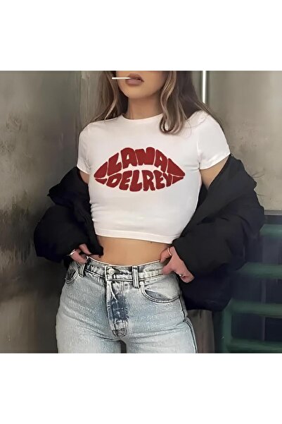 Gofeel White Lana Del Rey Text Detail Half T-Shirt Body Crop