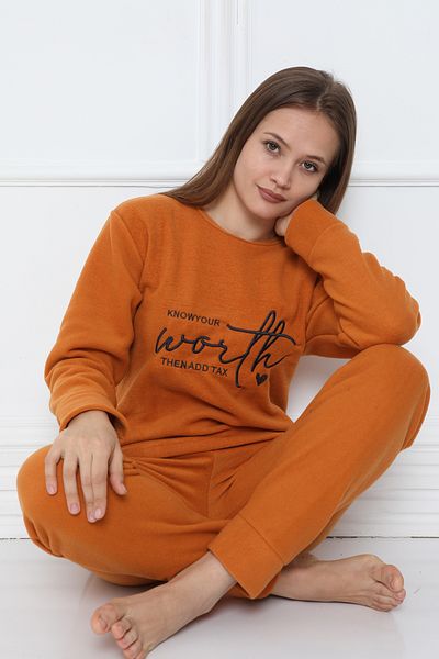 FAMES PİJAMA Orange Women's Fleece Pajama Set - Shaved Thick Winter