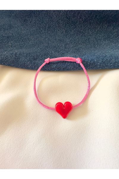 Atelier Çağla Murano Red Glass Heart Bead Pink Bracelet