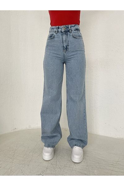 Geppetto Ryan anii 90 Snow Wash Blue Lycra cu talie înaltă Blugi largi Pantaloni Palazzo