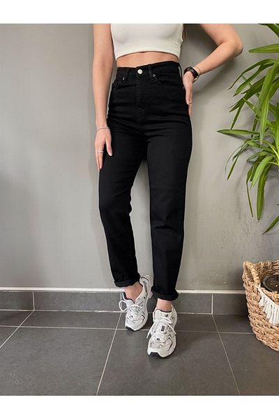 Geppetto Blugi elastici Tess cu talie înaltă - Blugi Mom negri, Power Lycra (Mărimea 1)
