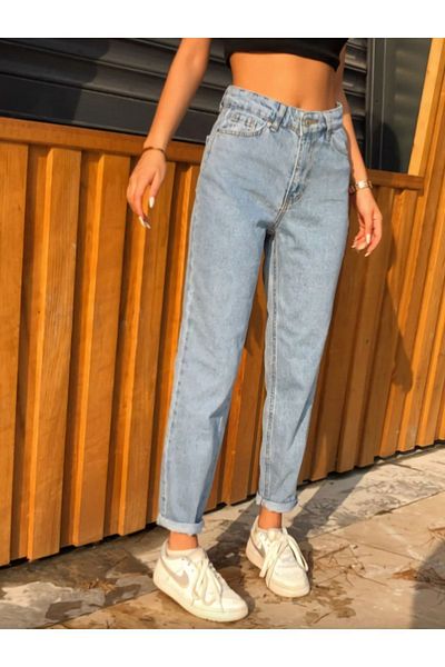 Geppetto Isabella Zero Max cu talie înaltă Blue Mom Jeans Blugi elastici din lycra (cumpără cu 1 mărime mai mare)