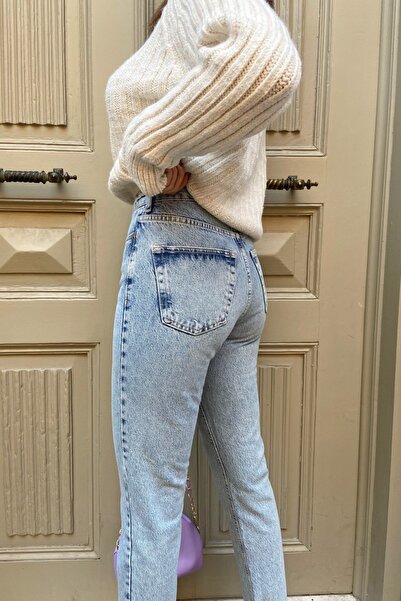 Geppetto Blugi elastici cu talie înaltă Blue Lycra Boyfriend - Blugi Mom Washed Snow