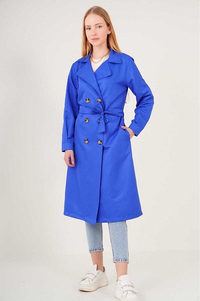 hazelin Women's Sax Double Breasted Collar Belted Unlined Seasonal Comfortable Trench Coat Hzl22s-bd158531