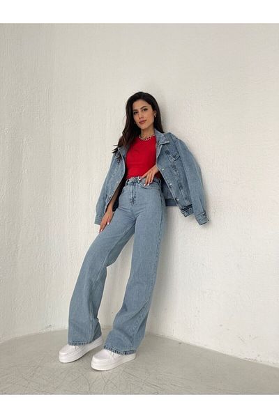 Geppetto Ryan anii 90 Snow Wash Blue Lycra cu talie înaltă Blugi largi Pantaloni Palazzo