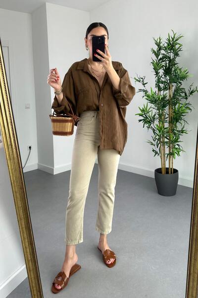 Geppetto Ψηλόμεσο Lycra Mona Beige Mom Jean Γυναικείο Τζιν - Boyfriend Fit