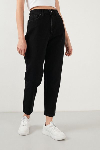 Geppetto Blugi negri Mom Jeans cu talie elastică și înaltă