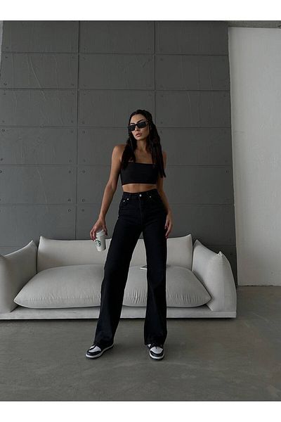 Geppetto Isabella Zero Max New Star - Blugi Palazzo cu talie super înaltă din Lycra negru din anii 90