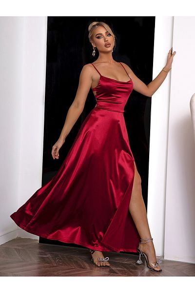 FASHION COCKTAIL Deep Slit Corseted Strappy Degaje Engagement Invitation Wedding Evening Dress Thick Satin Dress