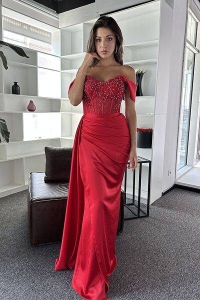 İyem Abiye Rochie de seara cu design elegant din satin, brodata cu pietre transparente