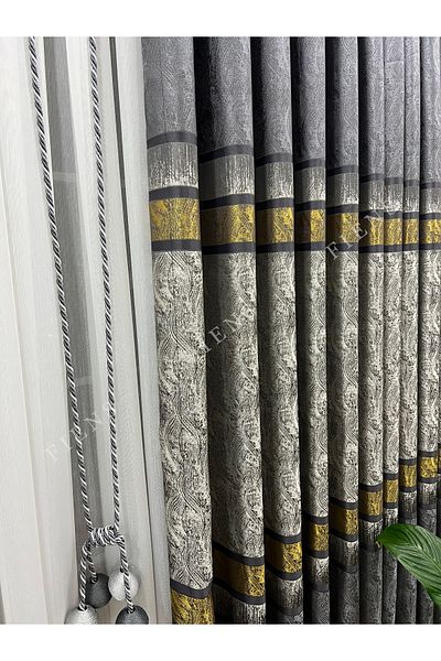 FİENS PANEL FON CURTAIN GRAY GOLD 1/3 BLACK PLEATED (SINGLE WING) MADRID-48