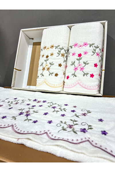 AYHANHOME 3'lü Nakış işlemeli Kutulu Çeyizlik 50x90 Kadife El Ve Yüz Havlusu