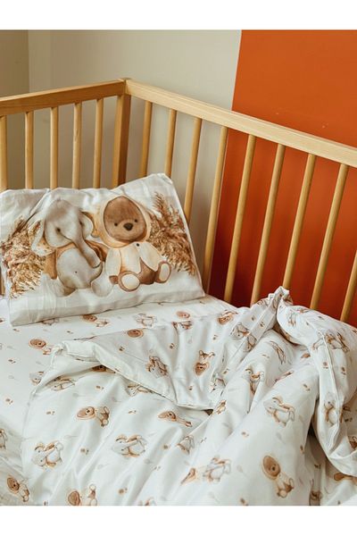Pithy Baby Crib, Park Bed, Mother's Side 100x150 Duvet Cover-60x120 Sheet Set, Cotton Satin-Baby Bear