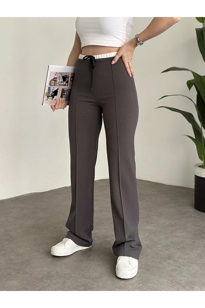 HARMONY GLOBAL Women's Waist Detailed Lace Up Transverse Neck Full Lycra Crepe Trousers 3837