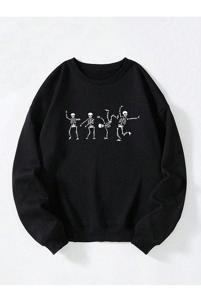 Mad&Calf Унисекс суитшърт от полар с късо деколте и скелетен принт, голям размер, свободна кройка