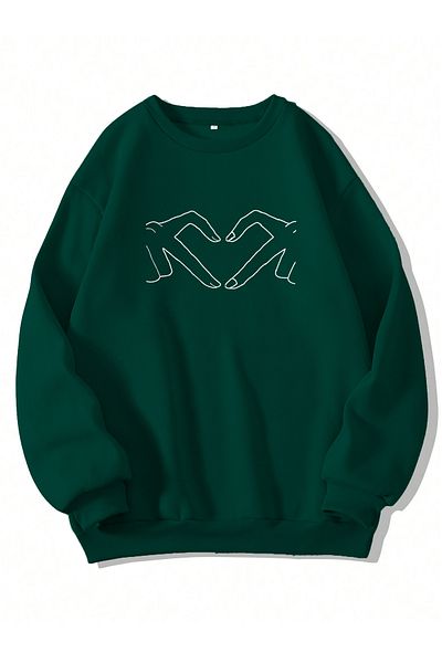 Ginevra Φούτερ Unisex Crew Neck Hand Heart με στάμπα Oversize Loose Cut Fleece φούτερ